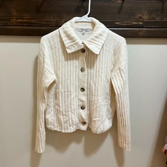 Madewell Cream Ribbed Button-Up Wool Blend Cardigan Sweater Size M - Picture 4 of 12